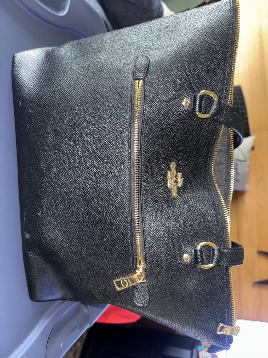 Coach Black Leather Tote With Gold Hardware Accents